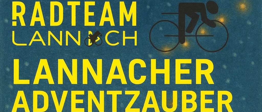Illustration von Weihnachtsmann, der auf einem Fahrrad in einer verschneiten Umgebung fährt, mit einer Tasse heißem Getränk neben ihm. Der Hintergrund zeigt eine Scheune mit einem Weihnachtsbaum und Menschen, die Fahrräder fahren.