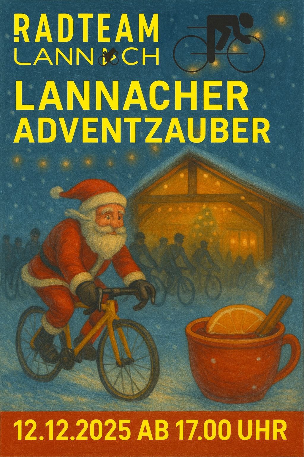 Illustration von Santa Claus, der auf einem Fahrrad fährt und Geschenke verteilt. Er trägt einen roten Anzug und Hut. Eine Orangenscheibe und ein Zimtstab schwimmen in einer Tasse neben ihm. Dahinter fahren Menschen auf Fahrrädern, und ein beleuchteter Stall ist zu sehen.
