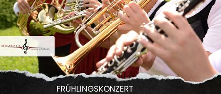 Eine Gruppe von Musikern spielt Instrumente wie Trompeten und Klarinetten. Der Text lautet 'Frühlingskonzert', was 'Frühlingskonzert' bedeutet.