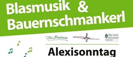 Eine Werbung für Alexisonntag mit Blasmusik und Bauernschmaarker Logos, mit musikalischen Noten und einem grünen Hintergrund.