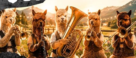 Poster featuring alpacas in costumes playing musical instruments. Event scheduled for Friday, June 12, 2026, starting at 5 PM.