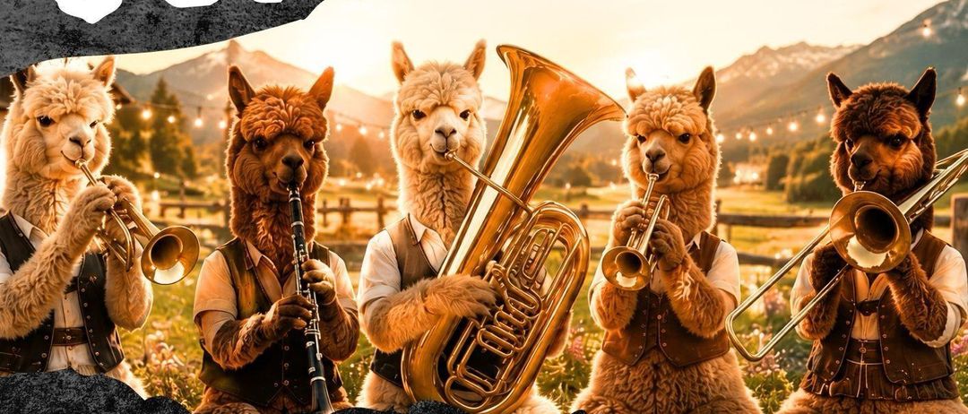 Plakat mit Alpakas in Kostümen, die Musikinstrumente spielen. Veranstaltung am Freitag, 12. Juni 2026, Beginn 17 Uhr.