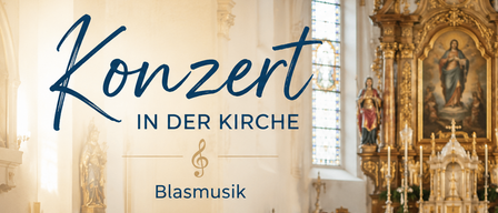 A poster for church music shows a blurry image of a church interior with a golden altar in the background.