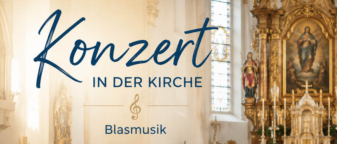 A poster for church music shows a blurry image of a church interior with a golden altar in the background.