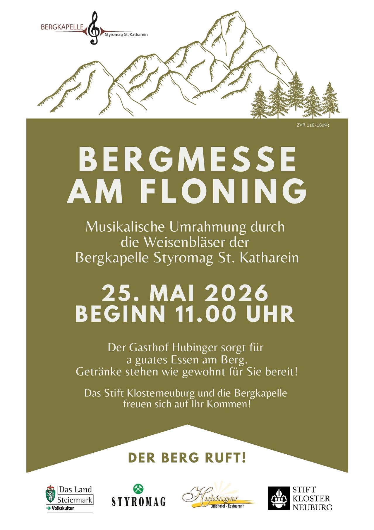 Plakat für das Bergmesse am Floning Event. Musikalische Umgebung durch die Windspieler der Bergkapelle. Datum: 25. Mai 2026, Beginn 11:00 Uhr. Gehostet von Gasthof Hubinger mit vorbereitetem Essen und Getränken. Klosterneuburg und Bergkapelle freuen sich auf Ihren Besuch.