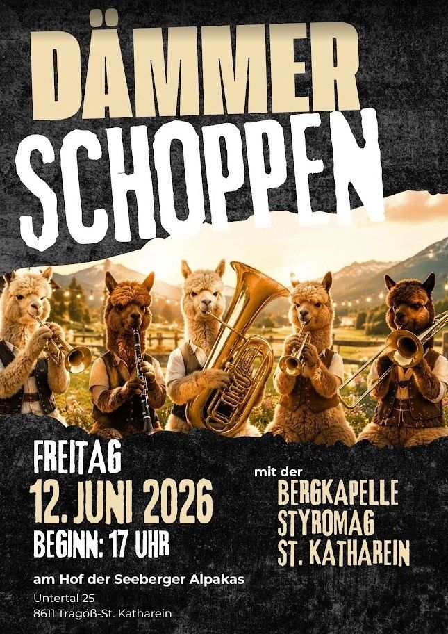 Poster advertising Damer Schoppen event on Friday, June 12, 2026, starting at 5 PM. It features alpacas dressed in costumes playing musical instruments in a scenic mountainous background.