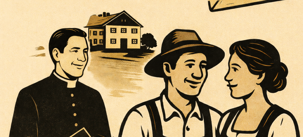 Eine Illustration zeigt einen Priester, einen Mann mit Hut und eine Frau mit einem Korb Kartoffeln, mit einem Haus und einem Umschlag im Hintergrund. Der Text lautet 'WAS KRAFT AM GUGLHOF.'