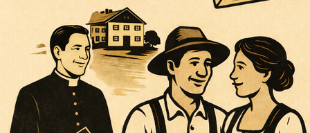 Eine Illustration zeigt einen Priester, einen Mann mit Hut und eine Frau mit einem Korb Kartoffeln, mit einem Haus und einem Umschlag im Hintergrund. Der Text lautet 'WAS KRAFT AM GUGLHOF.'