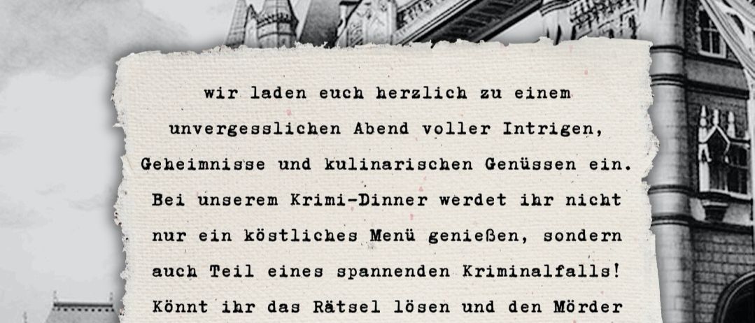 Plakat für die Veranstaltung 'Schatten der Brücke'. Termine: 10.07.2026, 11.07.2026. Zeit: 18:00 Uhr. Zeigt eine Silhouette einer Person mit Lupe, Text lädt zu einem mysteriösen Abend mit kulinarischer Note ein, Lösen eines Verbrechens. Menü umfasst Lachsforelle, Feldgurke, Joghurt, Radieschen, Apfel, Huhn, Fenchel, Tomate, Eierschwammerl, Beiried, Karfiol, Lauch, Griess, Wiesenkräuter.