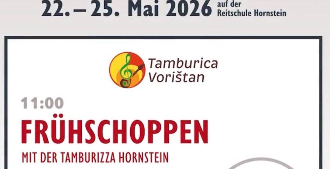 Plakat für das Pfingstfest Hornstein vom 22. bis 25. Mai 2026. Zeigt eine Band mit Musikinstrumenten. Beinhaltet die Zeit 11:00 Uhr und das Datum 25. Mai.