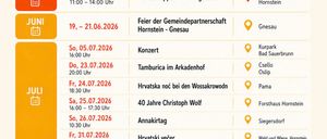 Poster zeigt kommende Veranstaltungen einer Musikgruppe in Hornstein, einschließlich frühmorgendlicher Proben, Gemeindefeiern, Konzerten und anderen Aufführungen an verschiedenen Orten.