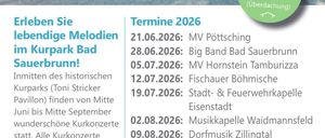 Veranstaltungsposter mit Musikkonzertterminen. Termine reichen von 21.06.2026 bis 06.09.2026. Orte umfassen Bad Sauerbrunn, Pöttsching und mehr. Der Eintritt ist frei.