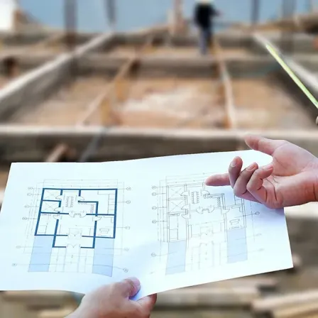 Hände halten eine Blaupause und zeigen auf einen Grundriss an einer Baustelle. Arbeiter im Hintergrund sind sichtbar.