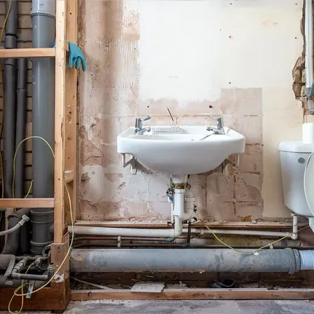 Ein Badezimmer in Renovierung mit einem weißen Waschbecken an der Wand, einer Toilette und sichtbaren Rohrleitungen und Verkabelungen.