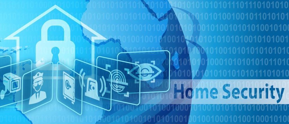 Ein Bild, das ein Haus-Symbol mit einem Schloss, verschiedene Sicherheitssymbole und das Wort 'Home' auf einem blauen Hintergrund zeigt.