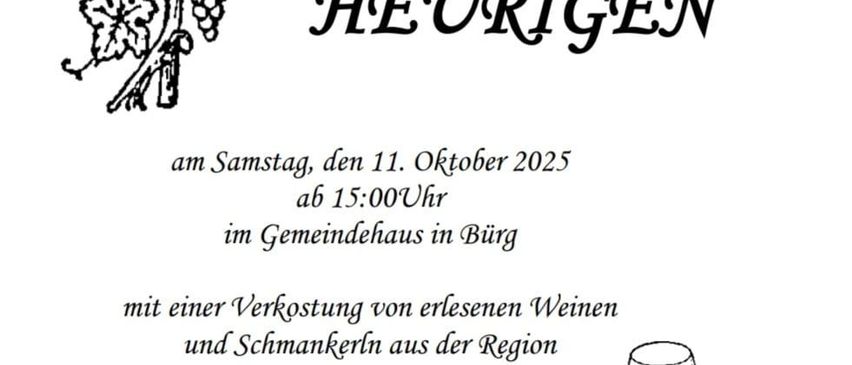Einladung zur Herbstweinprobe am 11. Oktober 2025 um 15:00 Uhr im Gemeindehaus in Burg mit Verkostung lokaler Weine und Snacks.