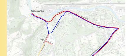 Das Bild zeigt eine Karte mit blauen und roten Routen, die die Semmeringstraße und ihre Umleitung hervorheben. Ein QR-Code ist für weitere Informationen vorhanden.