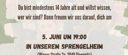 Plakat lädt zu Sprengelaabend ein. Es ist für diejenigen, die mindestens 14 Jahre alt sind. Das Datum ist der 5. Juni, 19:00. Der Ort ist Wiener Straße 2, 2640 Gloggnitz. Eine freundliche Runde mit Spielen und Spaß erwartet.