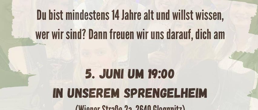 Plakat lädt zu Sprengelaabend ein. Es ist für diejenigen, die mindestens 14 Jahre alt sind. Das Datum ist der 5. Juni, 19:00. Der Ort ist Wiener Straße 2, 2640 Gloggnitz. Eine freundliche Runde mit Spielen und Spaß erwartet.