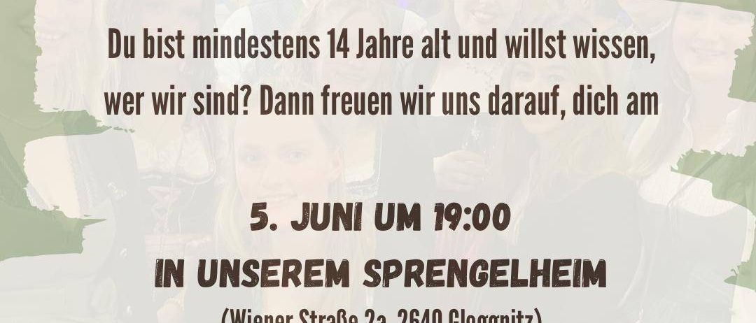 Plakat lädt zu Sprengelaabend ein. Es ist für diejenigen, die mindestens 14 Jahre alt sind. Das Datum ist der 5. Juni, 19:00. Der Ort ist Wiener Straße 2, 2640 Gloggnitz. Eine freundliche Runde mit Spielen und Spaß erwartet.