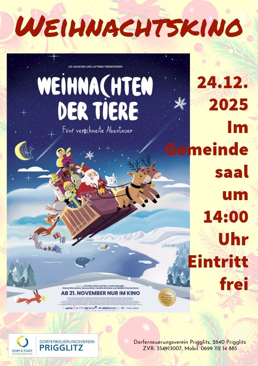 Plakat für eine Weihnachtsveranstaltung mit dem Weihnachtsmann, der mit Kindern und Tieren auf seinem Schlitten fährt. Datum: 24. Dezember 2025. Der Eintritt ist frei.