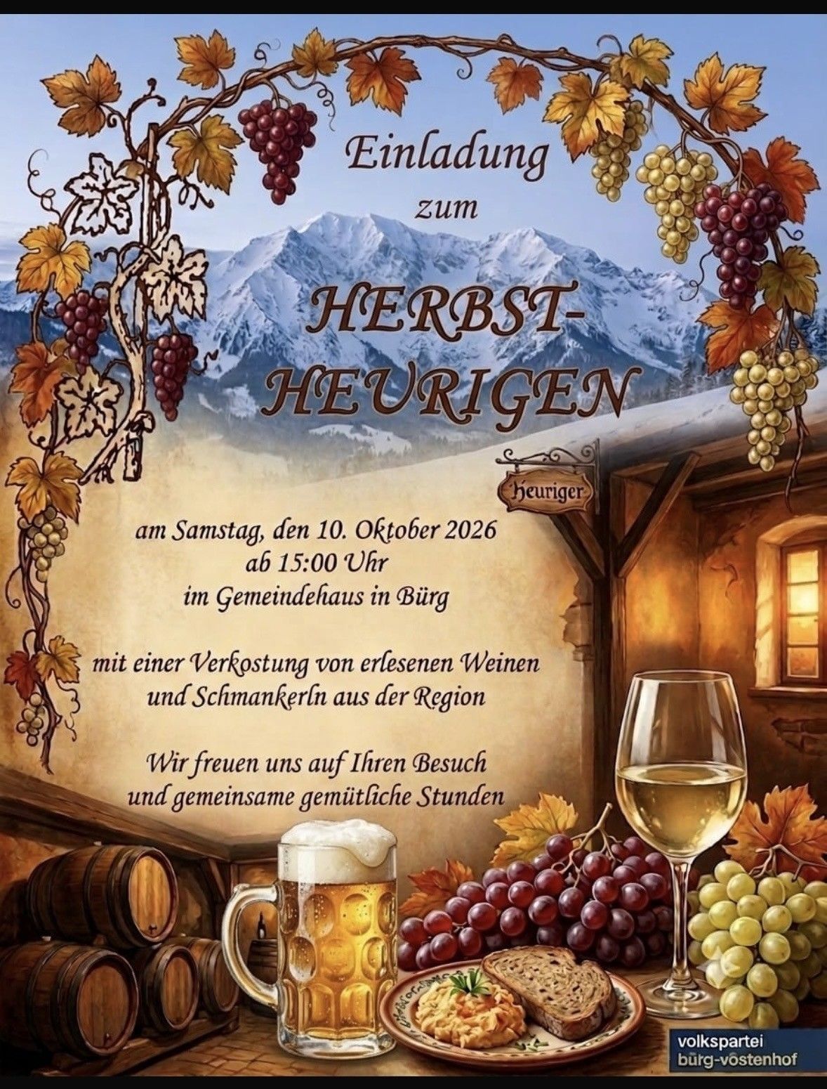 Einladung zur Weinprobe am 10. Oktober 2026 mit lokalen Weinen und Snacks in einer rustikalen Umgebung mit Bergkulisse.