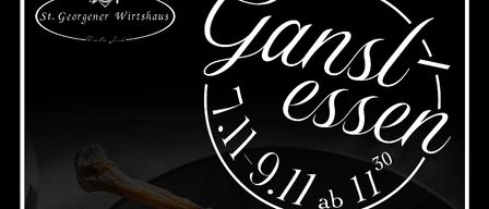 Ein Teller mit gebratener Ente, Kartoffeln und Rotkohl auf schwarzem Hintergrund. Oben steht der deutsche Text 'Just essen'. Zeitstempel '11.11 ab 11:30' ist angezeigt.