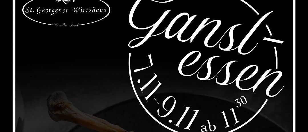 Ein Teller mit gebratener Ente, Kartoffeln und Rotkohl auf schwarzem Hintergrund. Oben steht der deutsche Text 'Just essen'. Zeitstempel '11.11 ab 11:30' ist angezeigt.