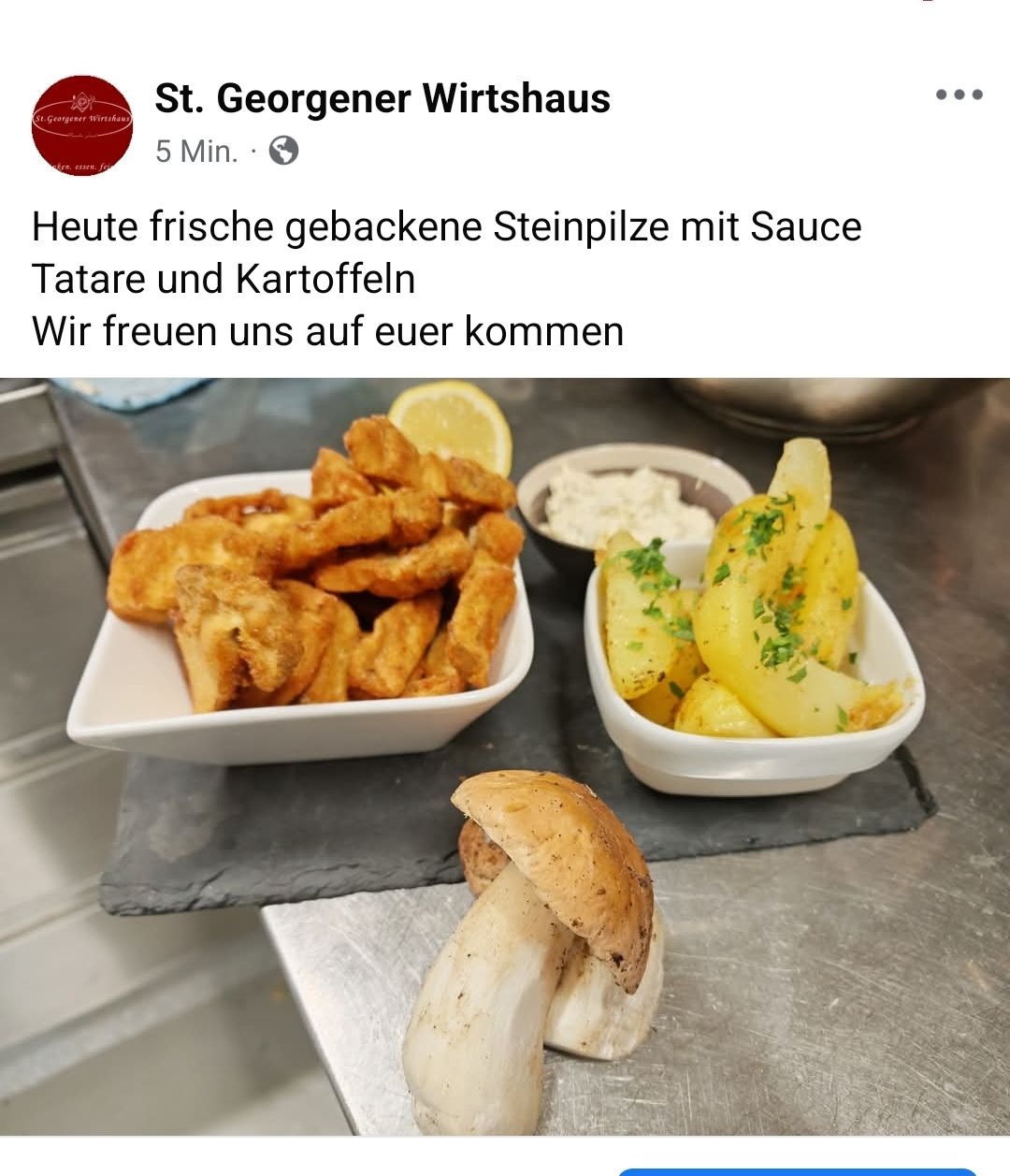 Ein Bild eines Küchenarbeitsplatte mit zwei Gerichten und einem Pilz. Ein Gericht hat knusprige frittierte Kartoffelringe, und das andere hat gelbe Kartoffeln mit Kräutern.