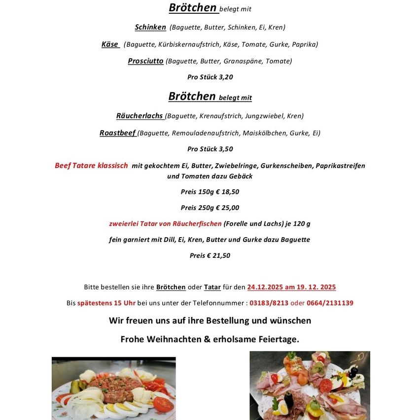 Ein Flyer mit Sandwich- und Tatar-Optionen. Verschiedene Sandwiches und Tatar-Optionen mit aufgelisteten Zutaten. Bestelldetails und Kontaktinformationen angegeben.
