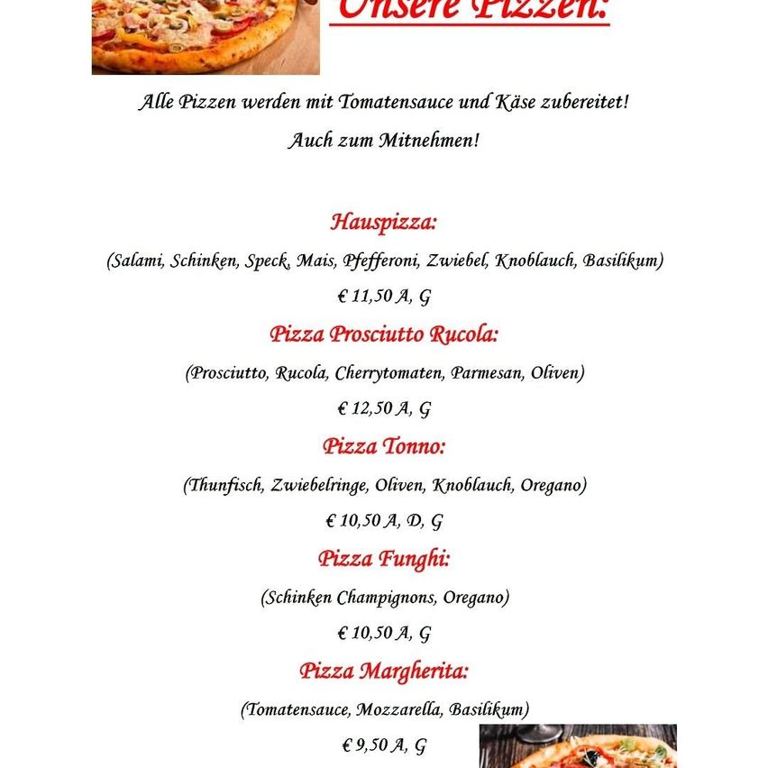 Das Bild zeigt ein Menü mit verschiedenen Pizza-Optionen. Preise für verschiedene Größen sind aufgeführt, und die Pizzen werden mit ihren Toppings beschrieben. Mitnahme ist möglich.