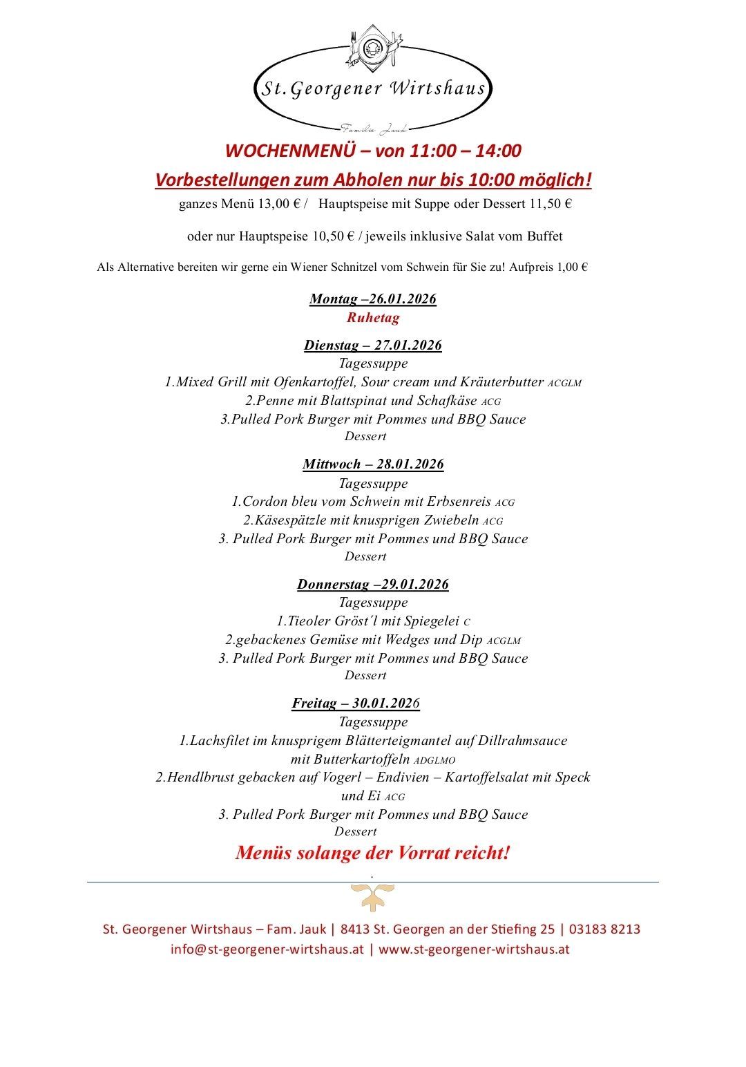 Das Bild zeigt ein Menü mit Tagesspecials, einschließlich der Hauptgang-Optionen für mehrere Tage, zusammen mit den Preisen für ganze Menüs und Hauptgerichte. Es wird auch ein Wiener Schnitzel als alternative Option erwähnt. An jedem Tag werden drei Hauptgerichte aufgeführt.