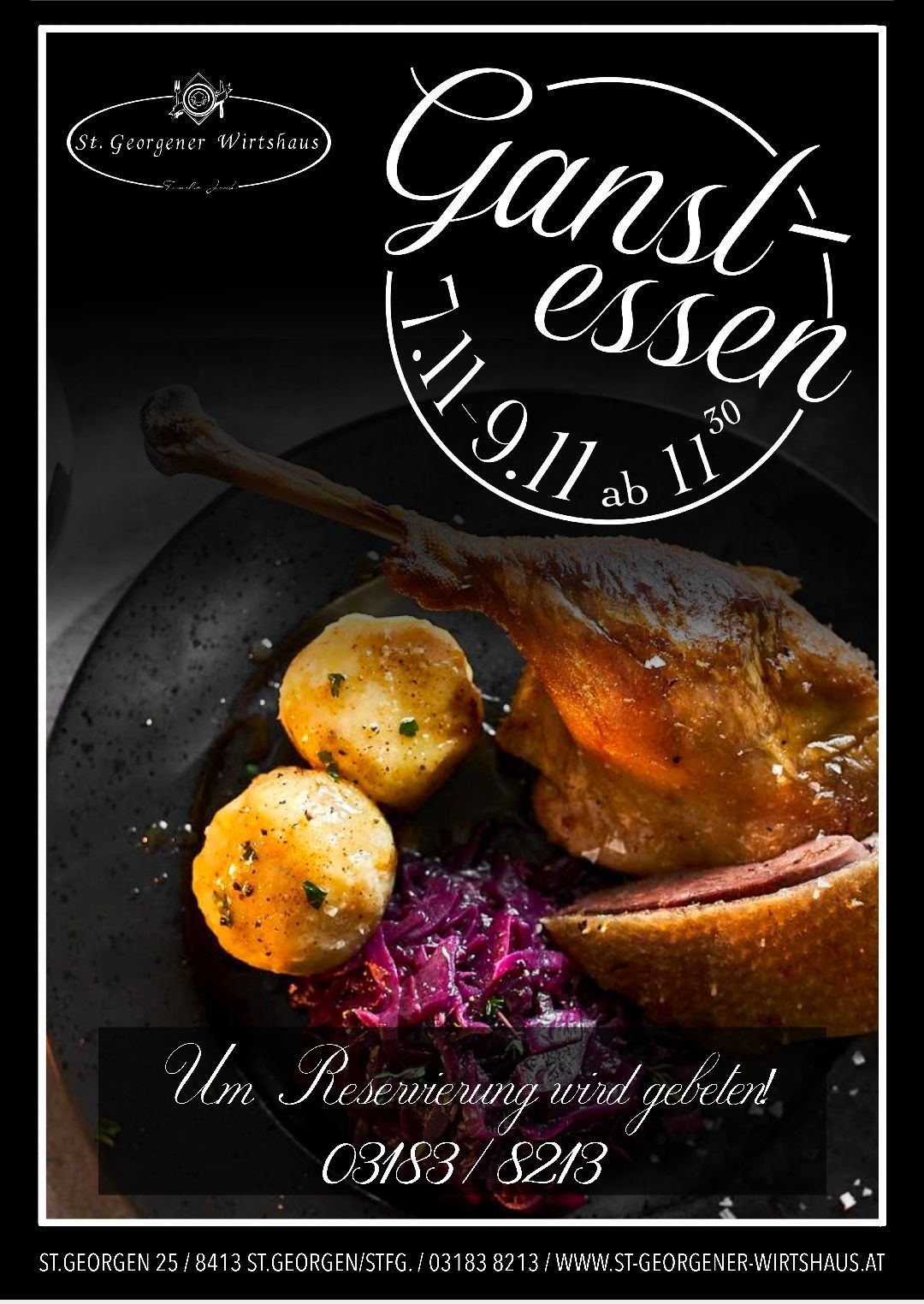 Ein Teller mit Entenbrust, Kartoffeln und Kraut auf dunklem Hintergrund. Eine Werbung für ein Restaurant mit dem Datum 11.11 um 11:30 Uhr.