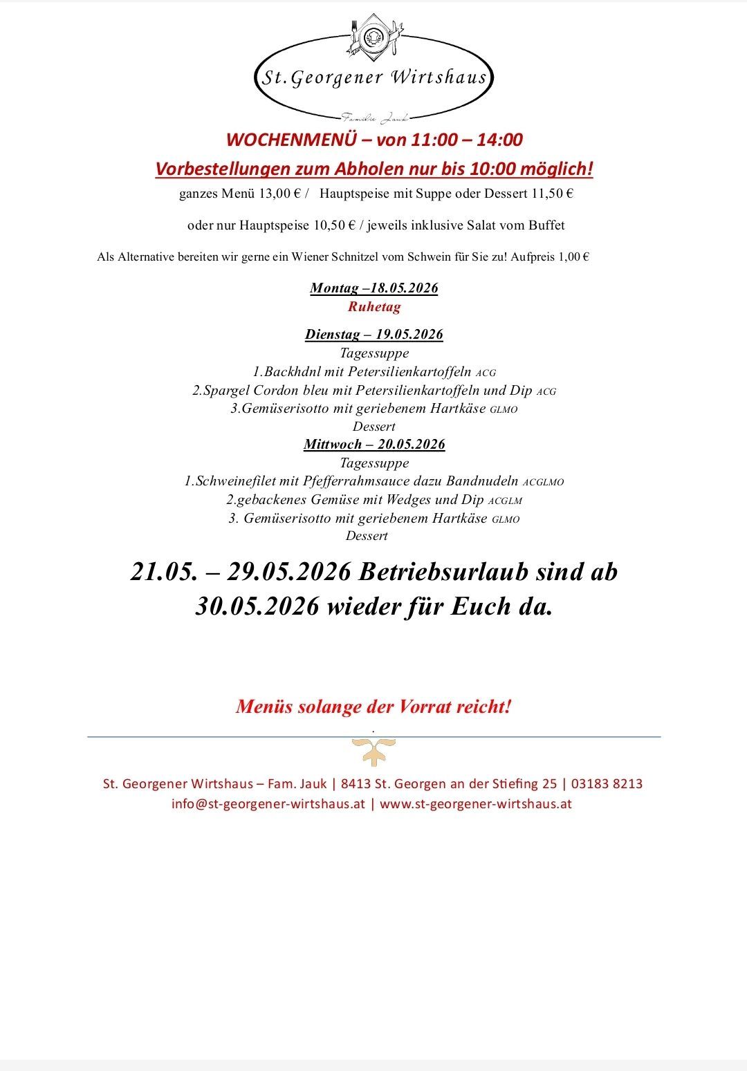 Restaurantmenü mit verschiedenen Gerichten, einschließlich eines kompletten Menüs, Hauptgericht mit Suppe oder Dessert und Alternativen. Es enthält auch Betriebszeiten und Kontaktdaten.