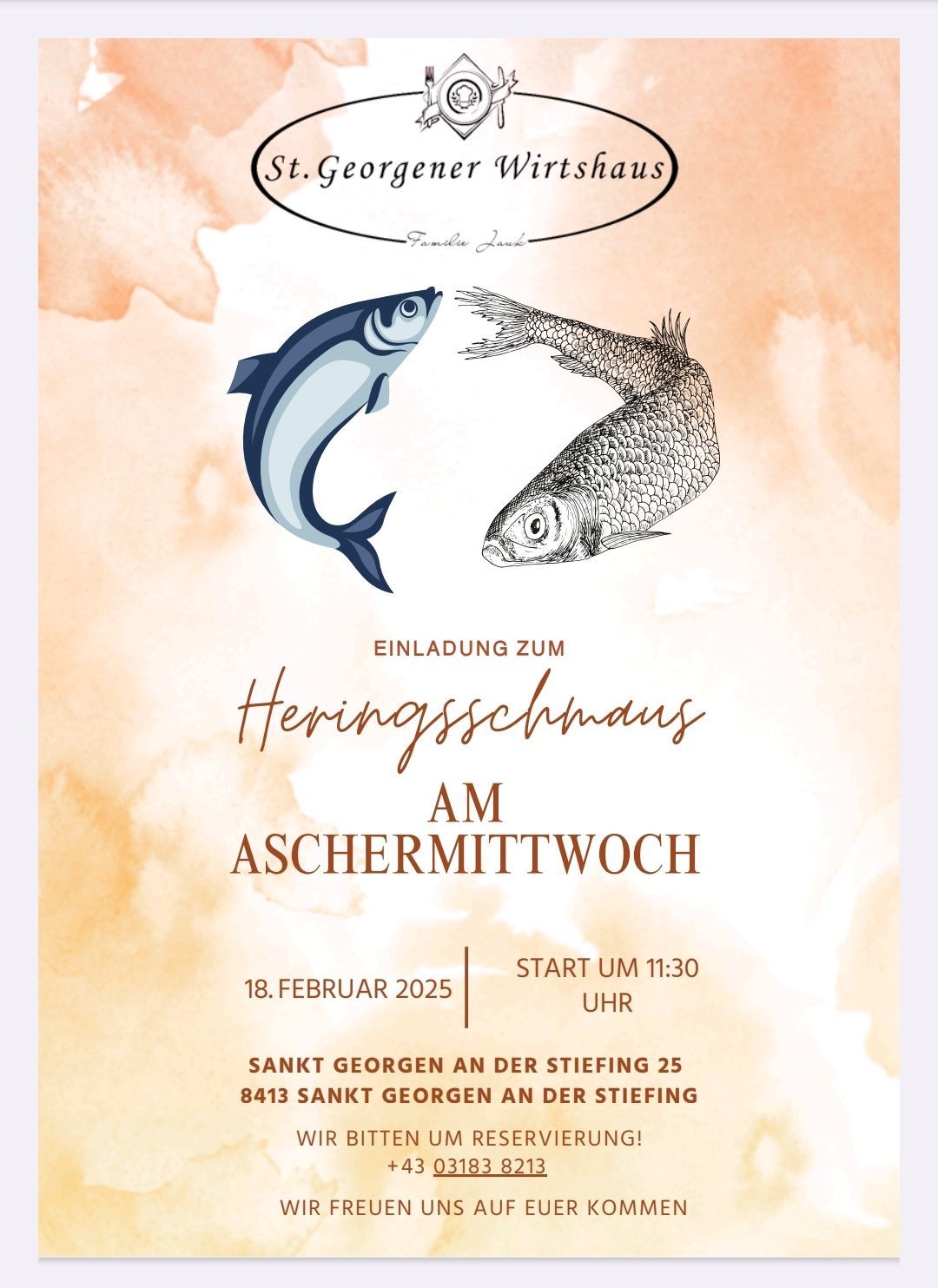 Plakat für das Heringschmaustagung am Aschermittwoch, mit zwei Fischen und Details zur Veranstaltung.