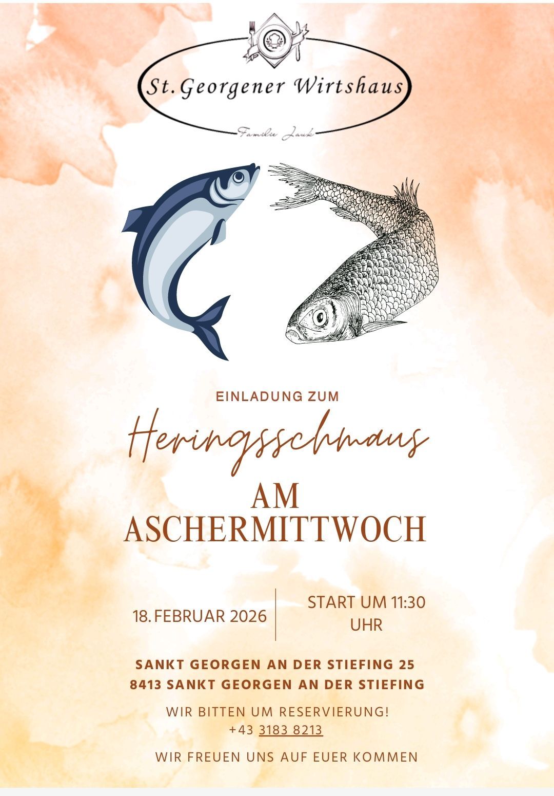 Eine Illustration von zwei Fischen mit Text auf Deutsch. Es heißt 'Einladung zum Heringschmaus am Aschermittwoch. Beginn um 11:30 Uhr am 18. Februar 2026 in Sankt Georgen an der Stiefing 25.'