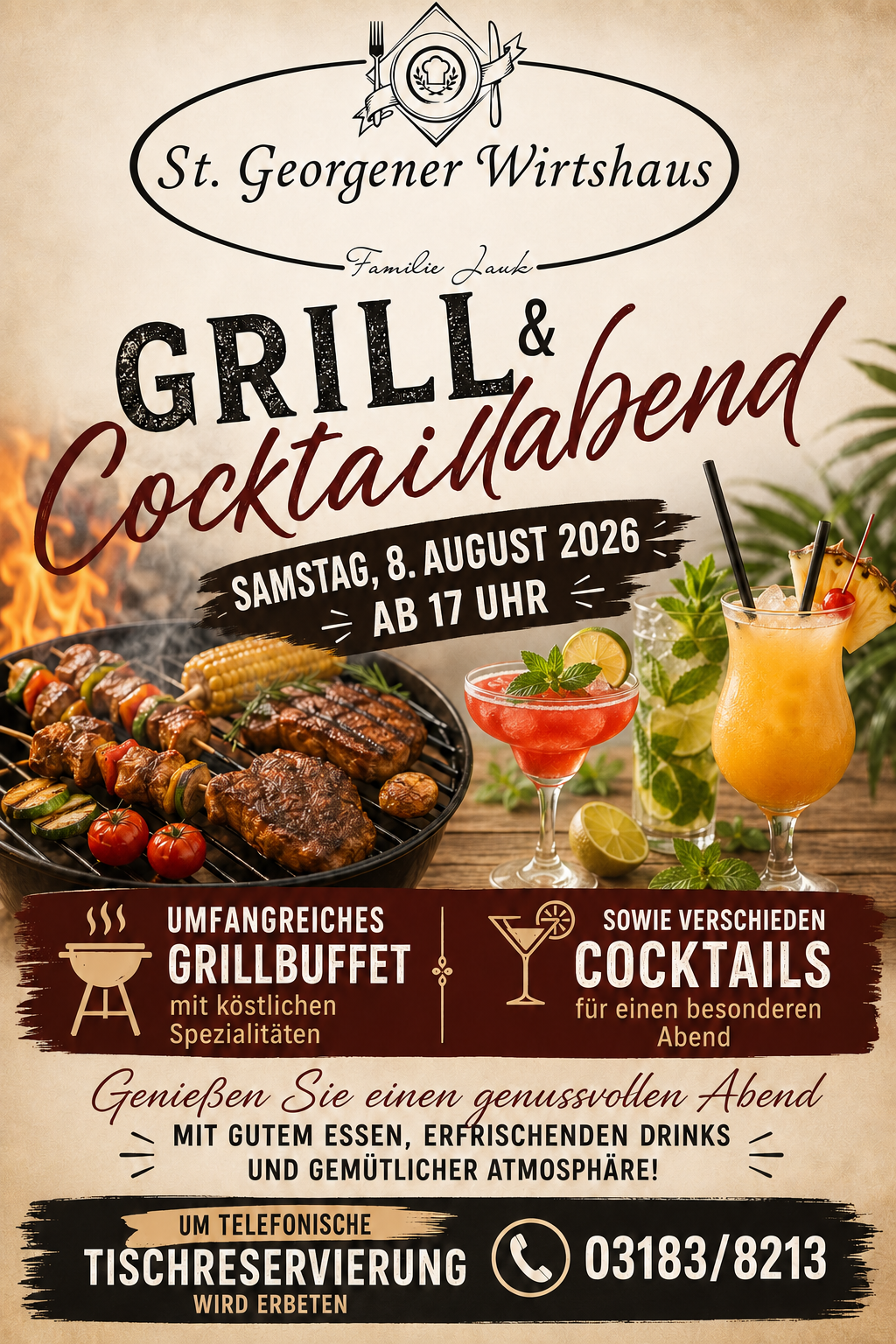 Ein Werbeplakat für einen Grill- und Cocktailabend am Samstag, 8. August 2026, ab 17 Uhr. Es zeigt einen Grill mit verschiedenen Fleischsorten, Gemüse und Cocktails. Die Veranstaltung verspricht ein kostenloses Grillbuffet mit Spezialitäten und verschiedene Cocktails für einen besonderen Abend.