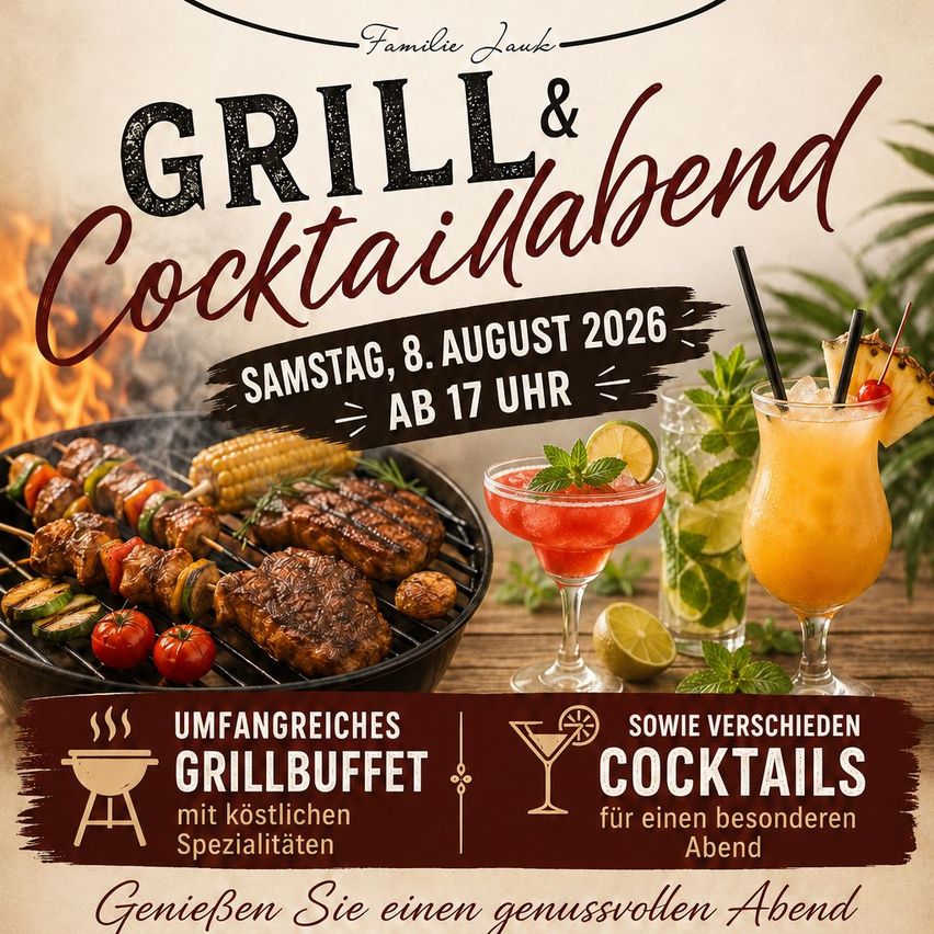 Ein Werbeplakat für einen Grill- und Cocktailabend am 8. August 2026 mit einem Grillrost mit verschiedenen Fleischsorten, Mais und Gemüse sowie Cocktails in Gläsern und einem Holztisch.