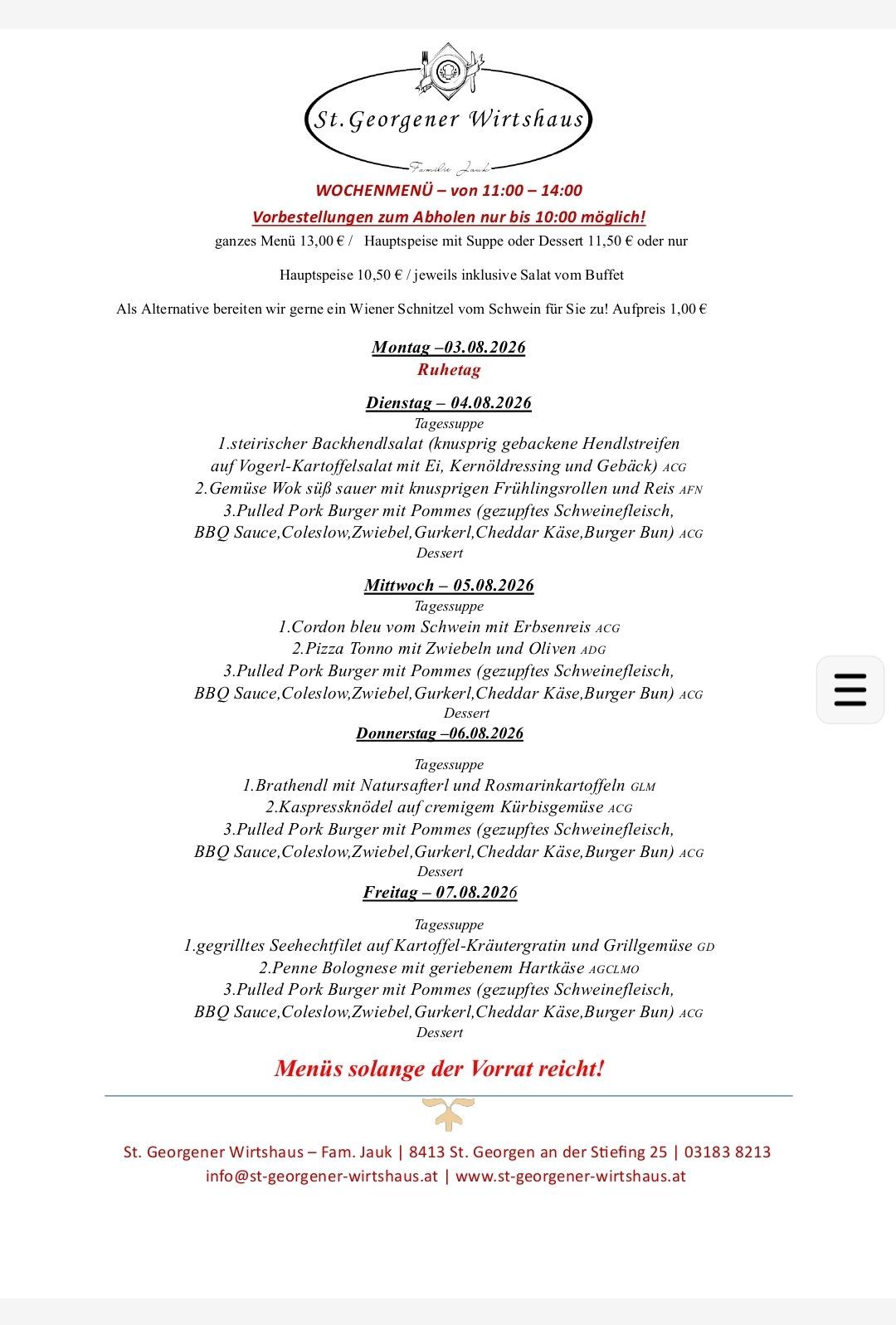 Ein Menü mit verschiedenen Gerichten, einschließlich eines Pulled Pork Burgers, Suppe und Dessert-Optionen für verschiedene Wochentage. Das Menü ist auf Deutsch geschrieben.