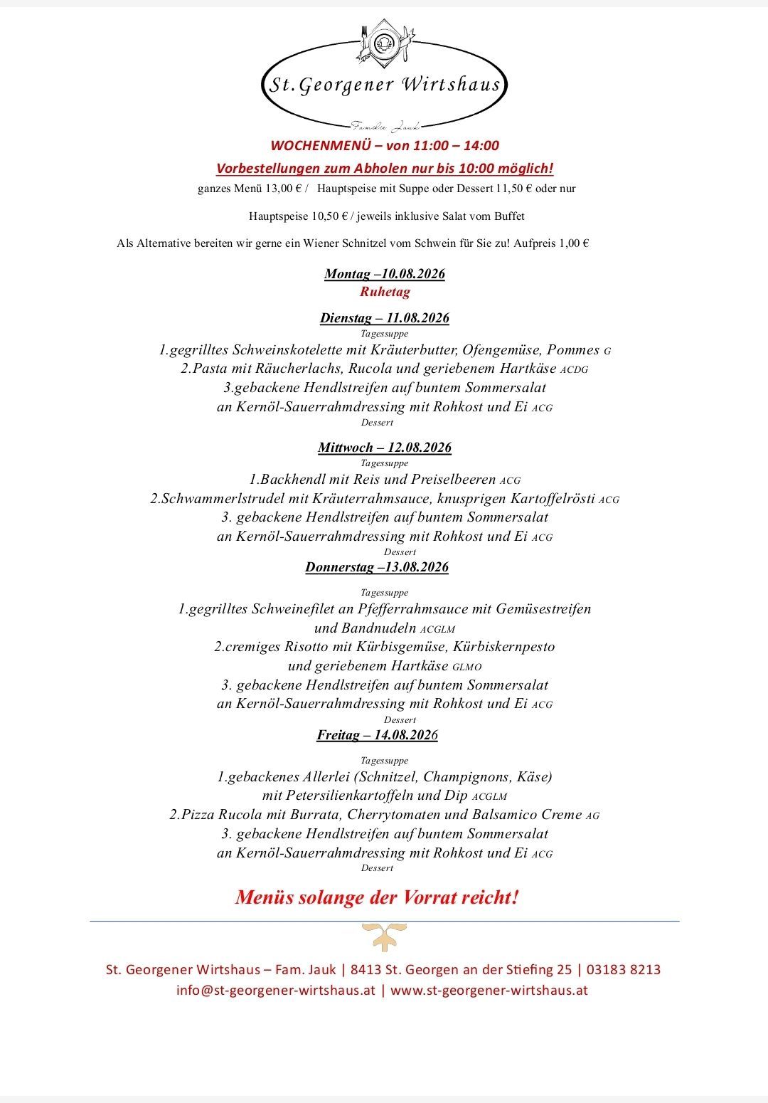 Ein wöchentliches Menü eines Restaurants mit verschiedenen Gerichten wie Schweinekoteletts, Pasta und Risotto, mit Preisen und Datum für jeden Tag von Montag bis Freitag aufgeführt.