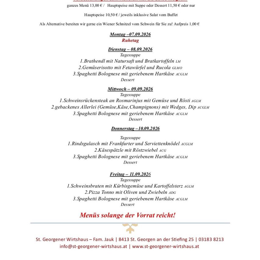 Wöchentliches Menü mit verschiedenen Gerichten, einschließlich Suppen, Hauptgerichten und Desserts. Das Menü ist für ein Restaurant und enthält Preise und Zutaten.