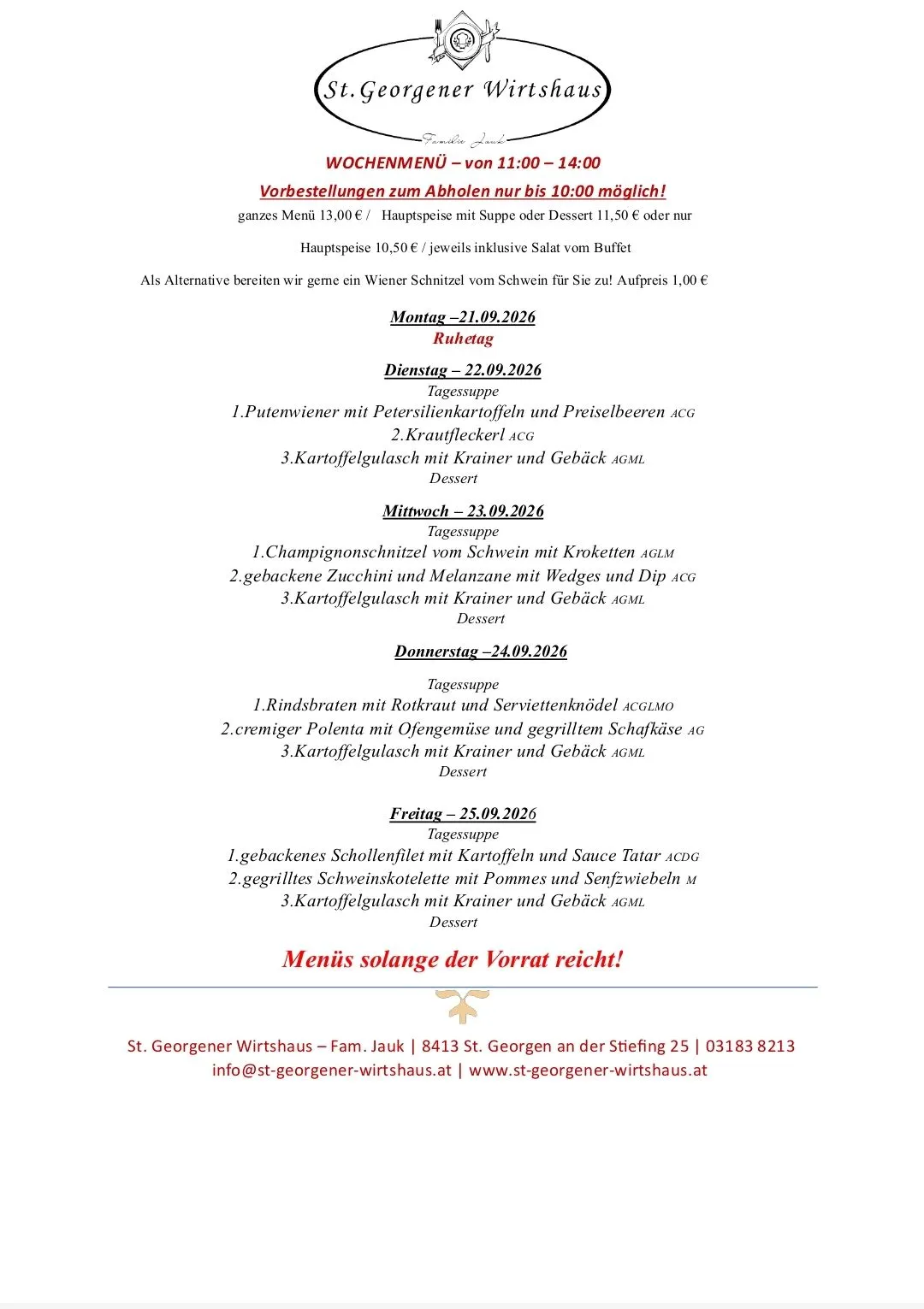 Wöchentliche Speisekarte eines Restaurants für September 2026 mit verschiedenen Gerichten wie Putenwiener mit Petersilienkarotten und Preiselbeeren sowie Wiener Schnitzel mit Kroketten. Jeden Tag gibt es Suppe, Hauptgang und Dessert.