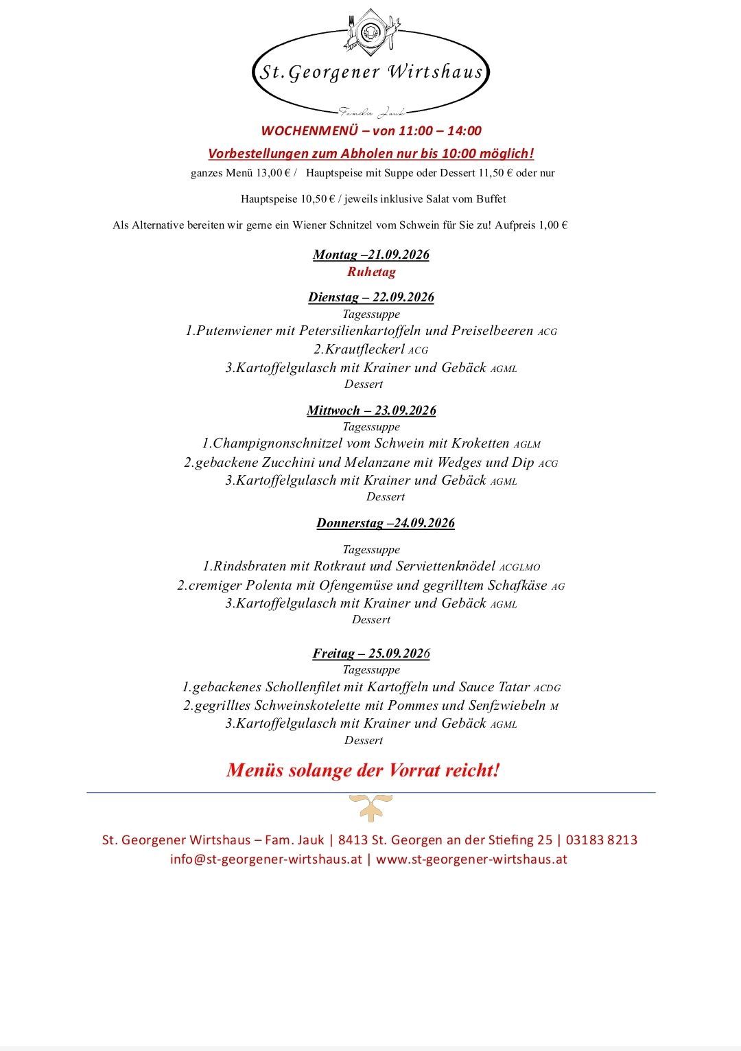 Wöchentliche Speisekarte eines Restaurants für September 2026 mit verschiedenen Gerichten wie Putenwiener mit Petersilienkarotten und Preiselbeeren sowie Wiener Schnitzel mit Kroketten. Jeden Tag gibt es Suppe, Hauptgang und Dessert.