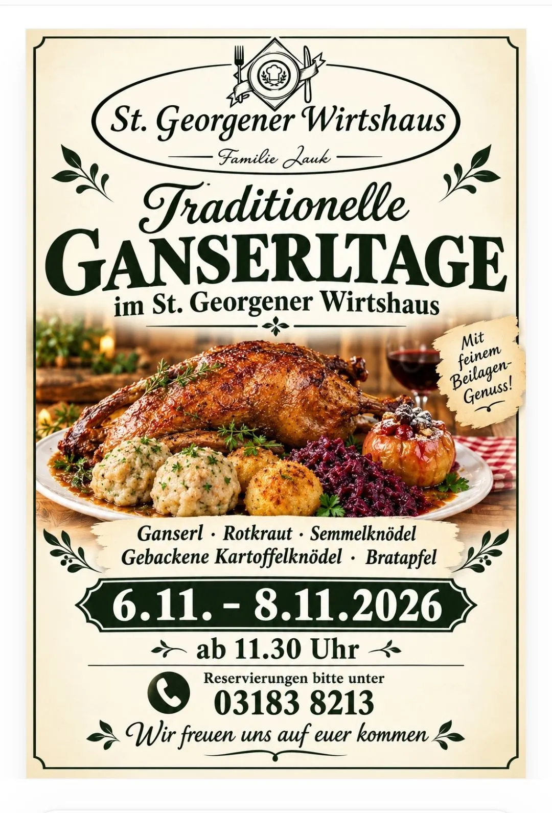 Ein Plakat für ein traditionelles Gänsefest im St. Georgener Wirtshaus, mit gebratener Gans, Rotkohl und Knödeln, mit Datum und Kontaktinformationen.
