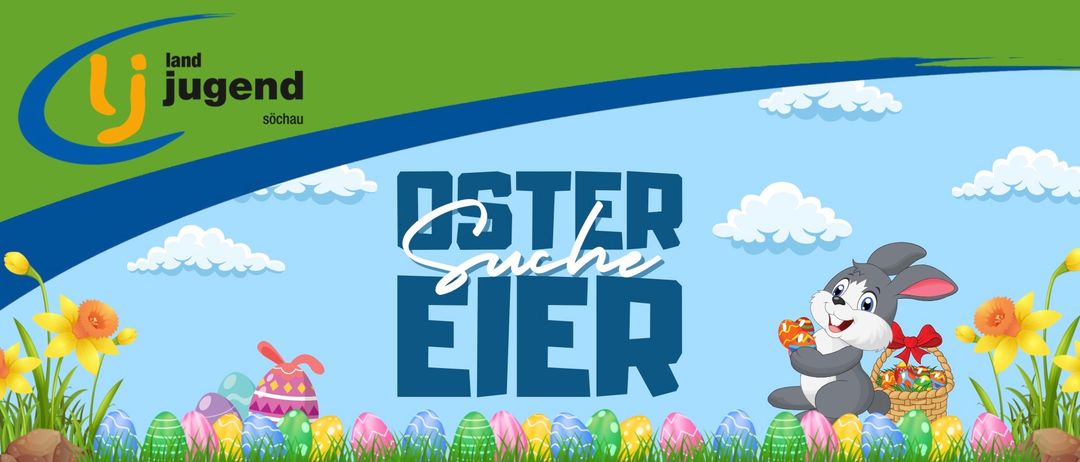 Ein Ostereiersuchen wird auf einem blauen Hintergrund mit Wolken und grünem Gras beworben. Der Text ist weiß.