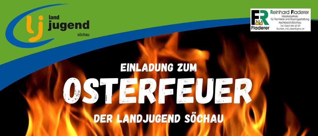Eine Werbung für eine Jugendveranstaltung mit einem brennenden Feuer-Grafik und dem Text 'Einladung zum Sternfeuer' und 'Der Landjugend Sochau'.