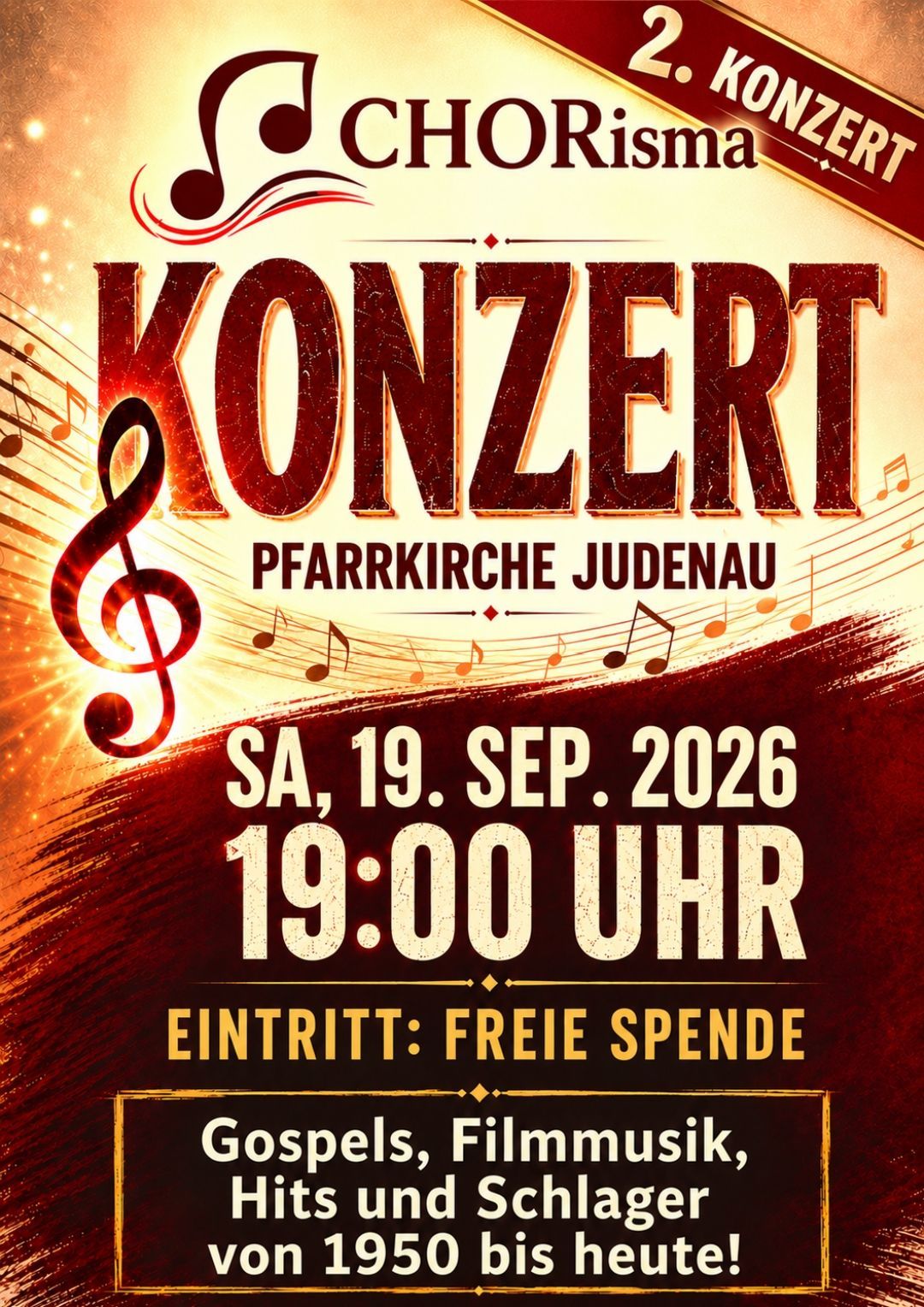 Ein Konzertplakat mit einem Musiknotensymbol und Text auf Deutsch. Es steht 'KONZERT' und 'SA, 19. SEP. 2026 19:00 UHR'. Der Veranstaltungsort ist 'Pfarrkirche Judenau'. Der Eintritt ist frei.