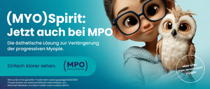 Eine animierte Mädchen mit Brille, die einen Vogel hält, Text lautet 'Spirit: uch bei MPO' und 'Leistungsspiegel 2024/2025'.