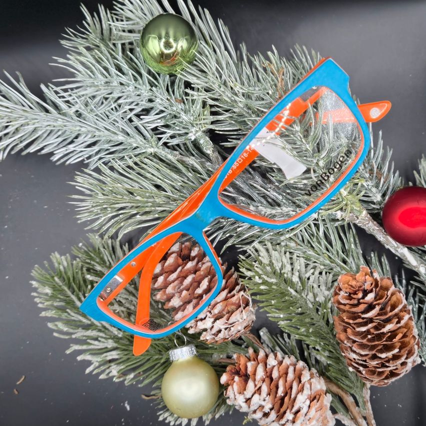 Ein Paar blaue und orangefarbene Brille mit einem Schild liegt auf einem verschneiten Tannenzweig, geschmückt mit Tannenzapfen und Weihnachtskugeln.