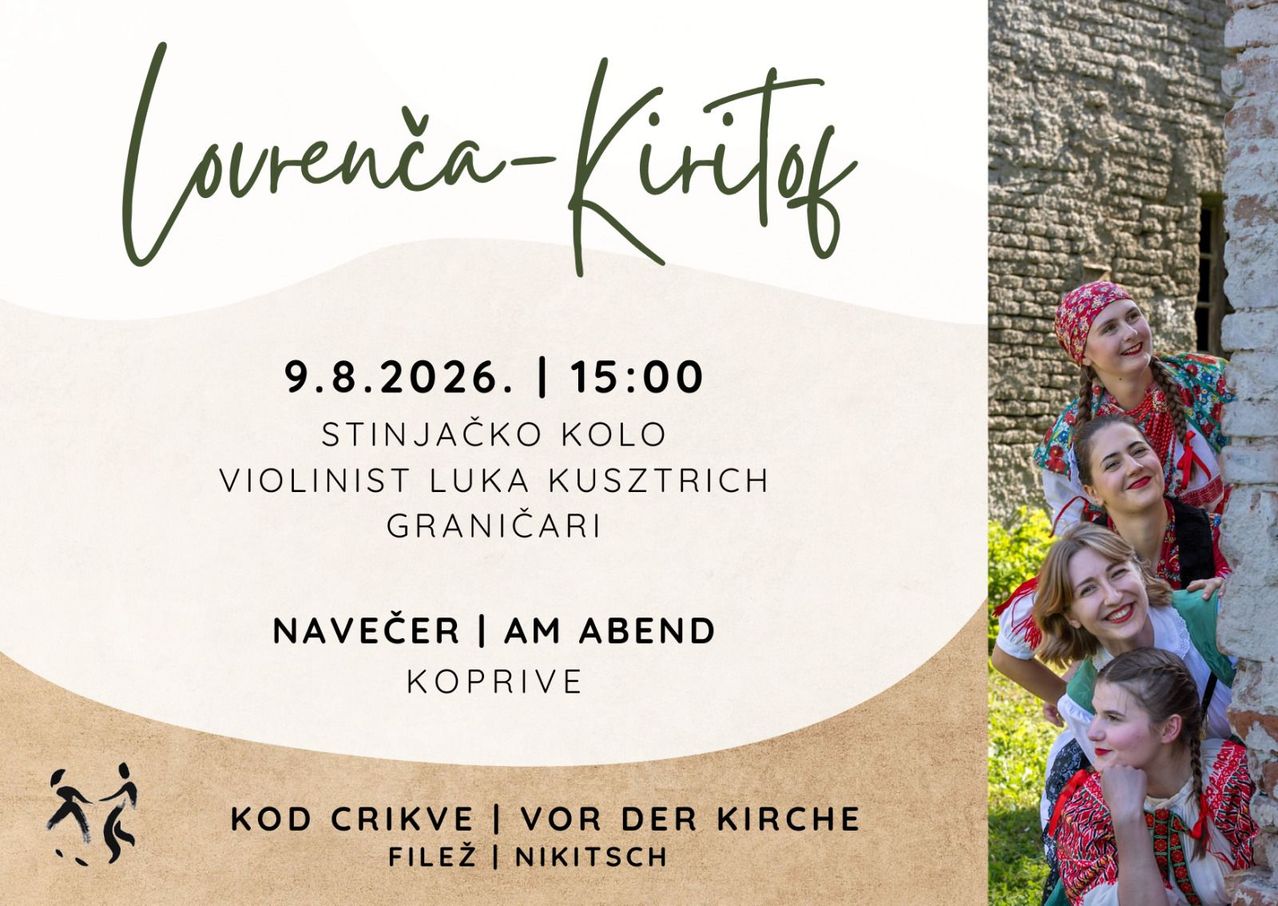 Plakat für eine Veranstaltung mit dem Violinisten Luka Kusztrih, geplant für den 9. August 2026 um 15:00 Uhr im Stinjacko Kolo. Die Veranstaltung umfasst einen Auftritt des Violinisten Luka Kusztrih und ein Treffen in der Kirche in Filez.